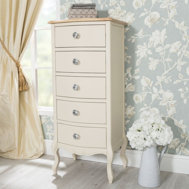 Tallboy Cream Narrow Chest Of Drawers. French Chic Bedroom Furniture