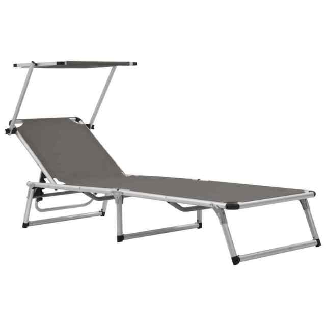 Folding Sun Lounger With Roof Aluminium And Textilene Grey Vidaxl