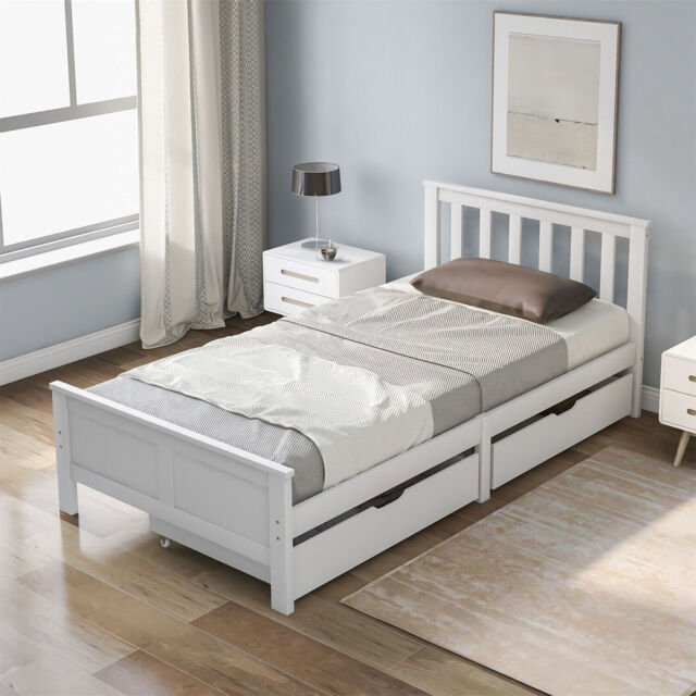 3ft Single Bed Frame White Wooden Bed With 2 Drawers For Adults Kids