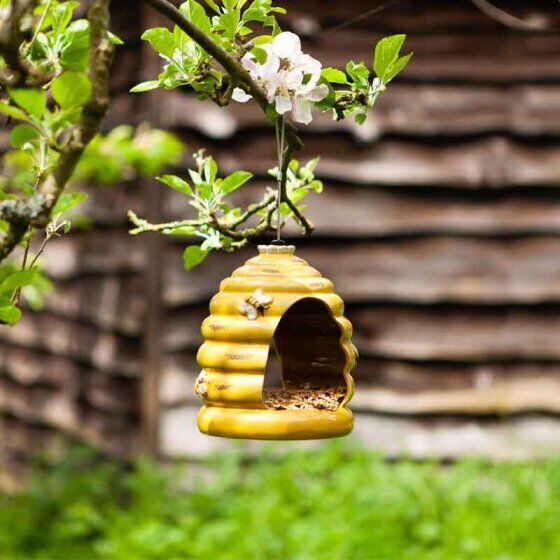 Beautiful Beehive Fly Through Hanging Bird Feeder Hand Painted Yellow