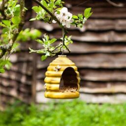 Beautiful Beehive Fly Through Hanging Bird Feeder Hand Painted Yellow