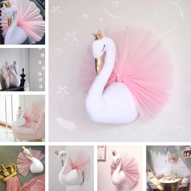 3d Gold Crown Swan Wall Hanging Animal Head Doll Stuffed Toy Wall Art