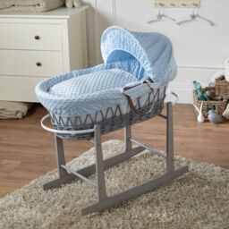Baby Moses Basket With Stand Blue Dimple Bedding And Mattress Grey