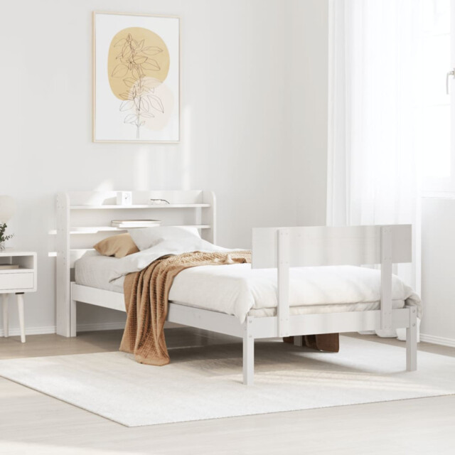 Bed Frame White Solid Pinewood 100x200 Cm Slatted Headboard Shelves