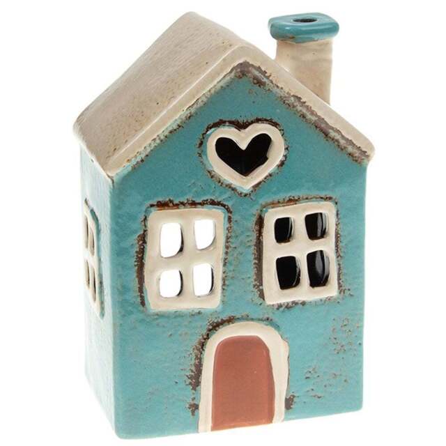 Shudehill Giftware Village Pottery Teal Heart House Tealight Holder