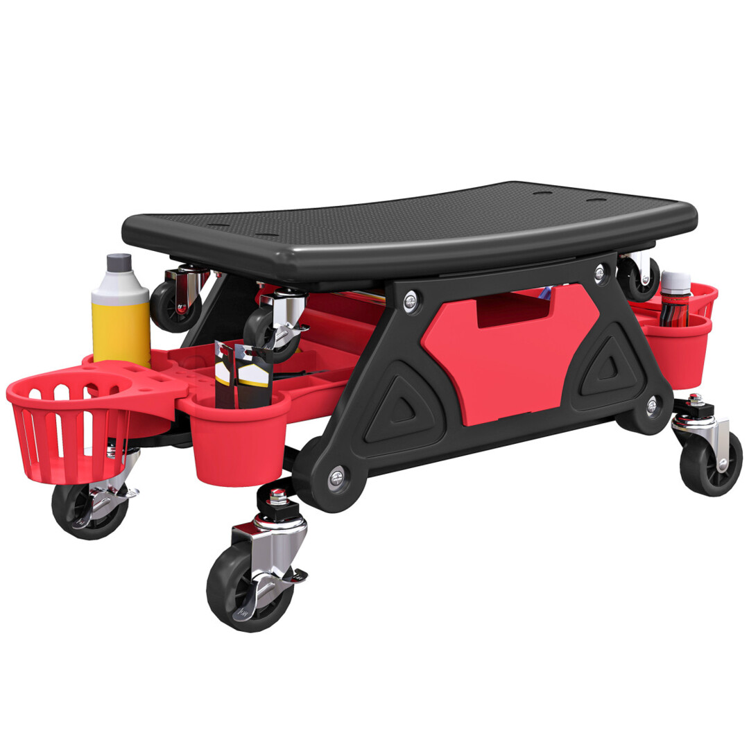 Workshop Stool Red Plastic 86w X 33d X 33h Cm Rolling Mechanic