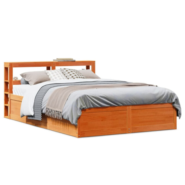 Bed Frame Double 135x190cm Solid Pine Wood Brown Headboard Shelves Xl