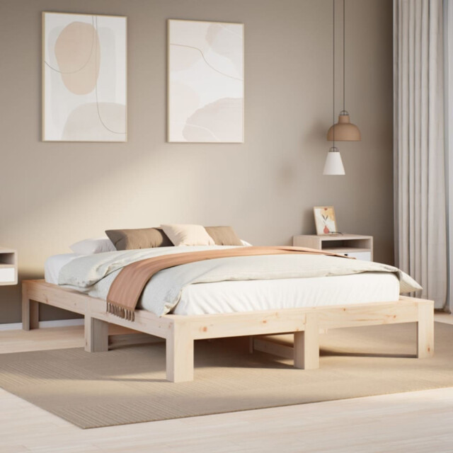 Bed Frame Natural Solid Pine 150x200 Cm King Size Slatted Base Rustic