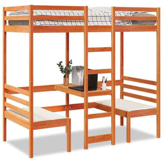 Loft Bed Frame With Desk And Chairs Wax Brown 80x200cm Solid Wood Pine