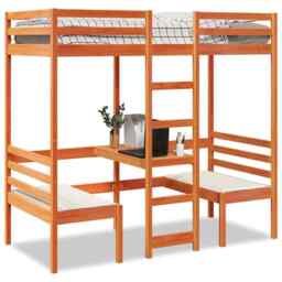 Loft Bed Frame With Desk And Chairs Wax Brown 80x200cm Solid Wood Pine