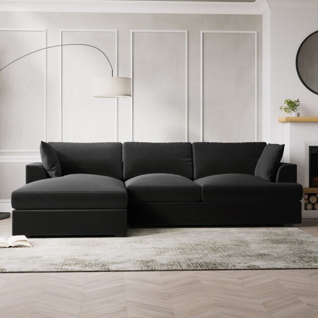 Grey Velvet L Shaped Sofa 3 Seater Left Hand Facing Saddle Arms