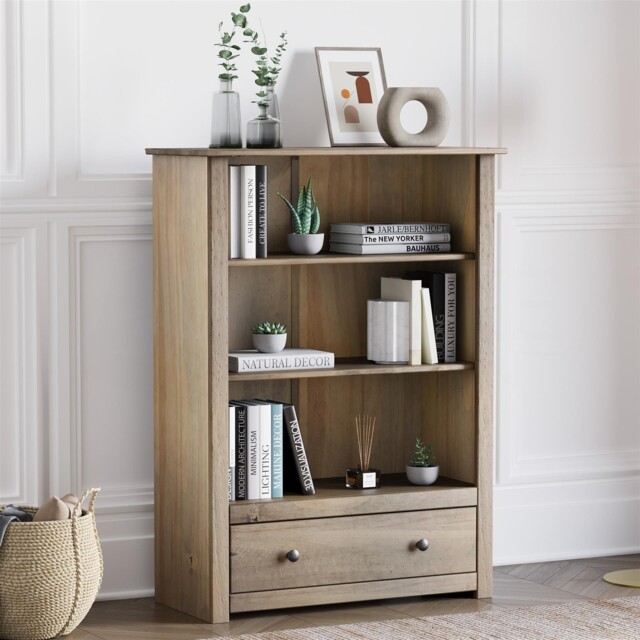 Panama 1 Drawer Bookcase Shelves Solid Pine Natural Waxed Unit