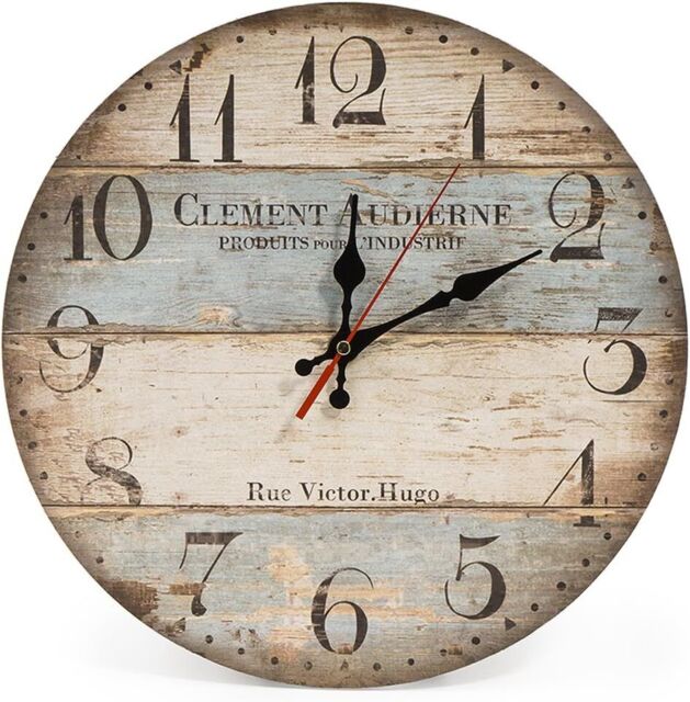 30cm Silent Wooden Round Wall Clock, Vintage Rustic Chic, Arabic