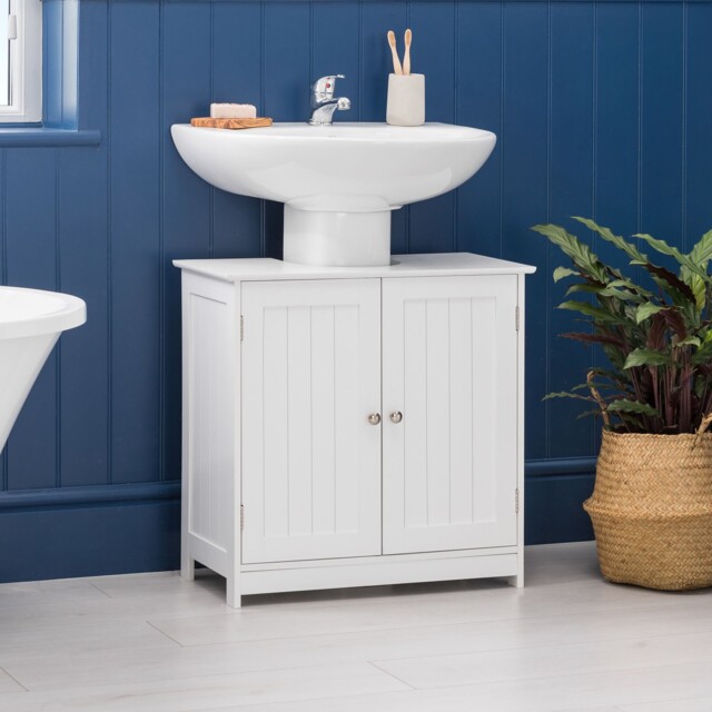 Bathroom Under Sink Cabinet Wooden White 2 Door Storage Cupboard Unit