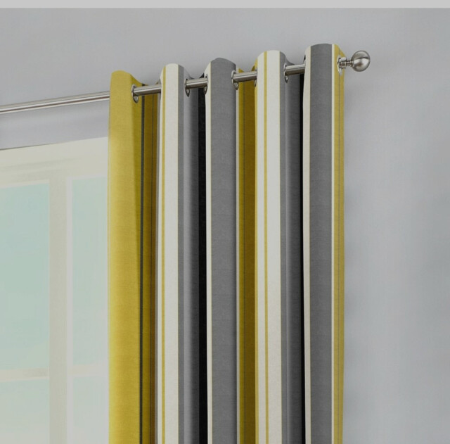 Yellow Stripe With Grey Whitworth Ring Top Pair Of Eyelet Curtains Rmc