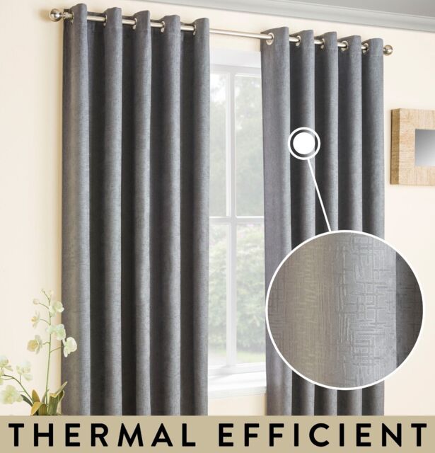 "Grey Thermal Room Darkening Readymade Curtains Ring Top Eyelets Or 3"""