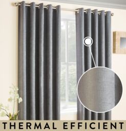 "Grey Thermal Room Darkening Readymade Curtains Ring Top Eyelets Or 3"""