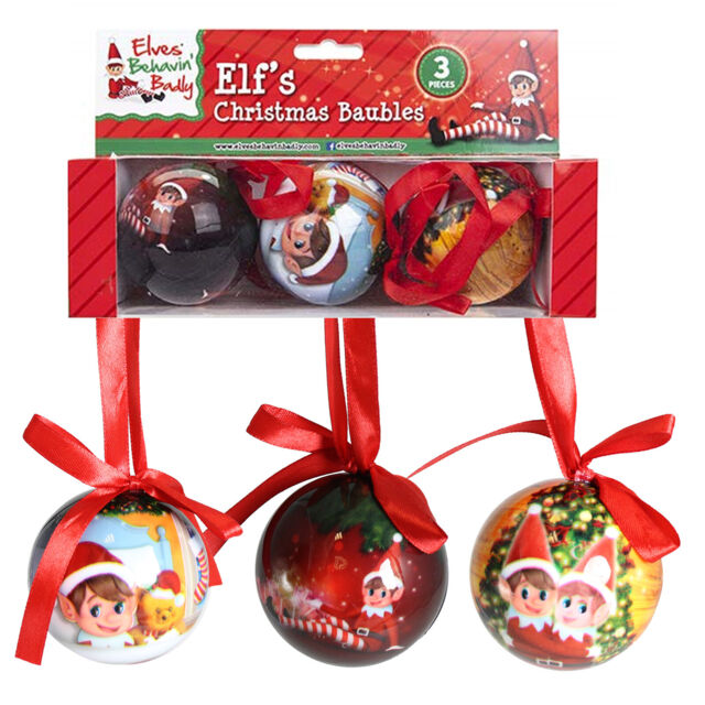 Christmas Decoration 3 Pack 60mm Polyfoam Baubles Elf Behavin' Badly