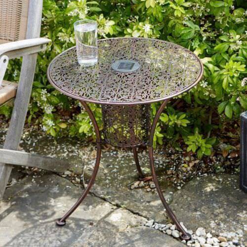 Metal Round Filigree Silhouette Garden Patio Bistro Table With Solar