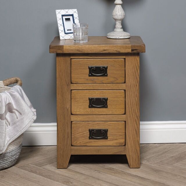 Elm Home And Garden Oak 3 Drawer Bedside Cabinet Fully Assembled Solid