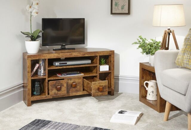 Corner Tv Media Entertainment Unit Jakarta 3 Drawer Distressed Style