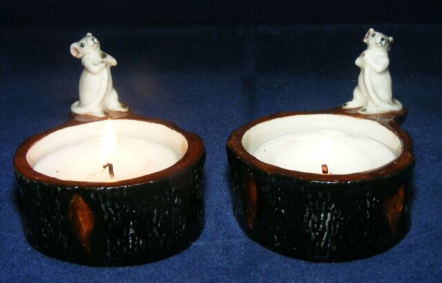 Klima Pair Of Porcelain Tealight Holders Mouse On Stump L652