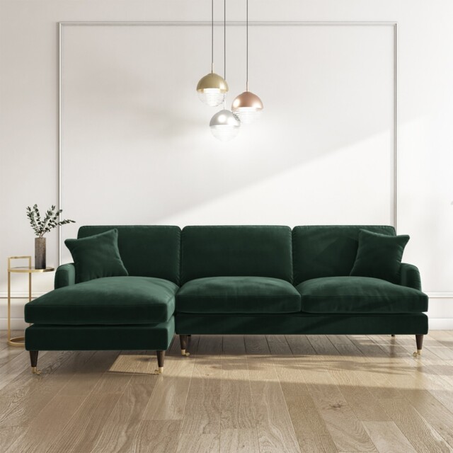 Dark Green Velvet L Shaped Sofa 3 Seater Left Hand Facing Saddle Arms