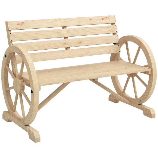 Outsunny 2 Seater Garden Bench W/ Wooden Cart Wagon Wheel Natural