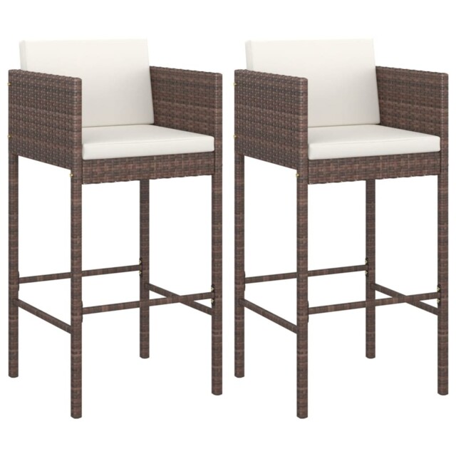 2x Bar Stools With Cushions Brown Poly Rattan Outdoor Lounge Set Chair
