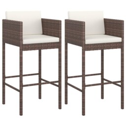 2x Bar Stools With Cushions Brown Poly Rattan Outdoor Lounge Set Chair