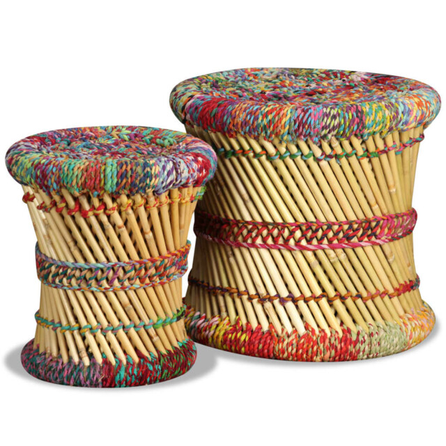 Stool Set 2pcs Multicolour Bamboo With Chindi Weave And Iron Legs