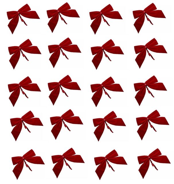 20x Red Velvet Bows Christmas Tree Decoration Tinsel 6cm Bow Baubles