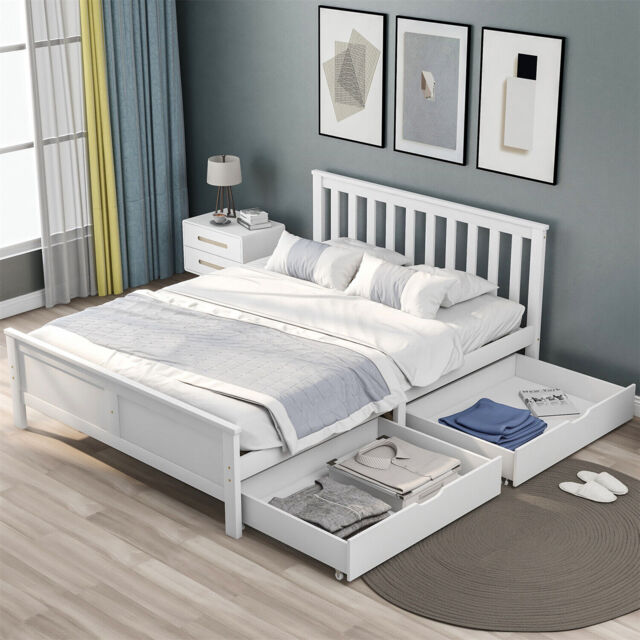 Double Bed White 4ft6 Wooden Pine Wood Bed Frame W/ Storage Drawers