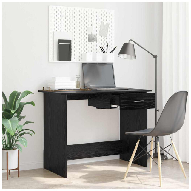 Desk Modern Black Oak Engineered Wood 100x50x76cm 1 Drawer Home Office