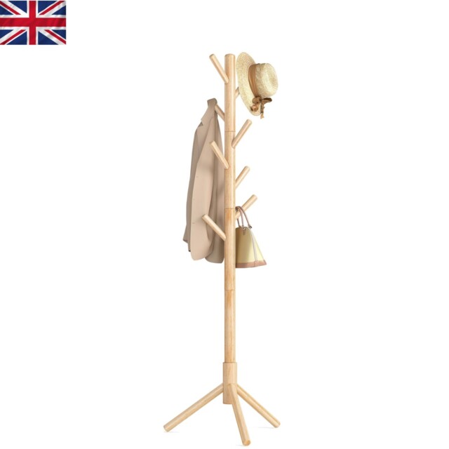 Durable Free-standing Wooden Coat Rack - 8 Hooks + Adjustable Height