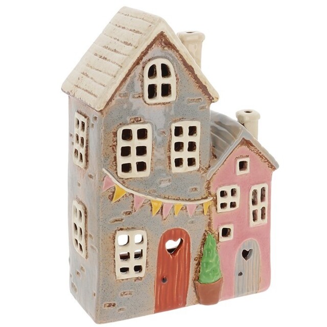 Village Pottery Grey And Pink Garden Houses Ceramic Tealight Holder