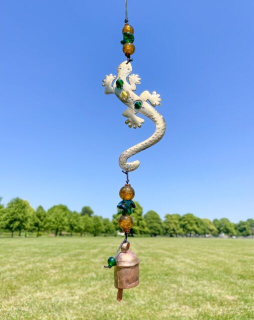 Gecko Iron Wind Chime With Green And Yellow Glass Beads