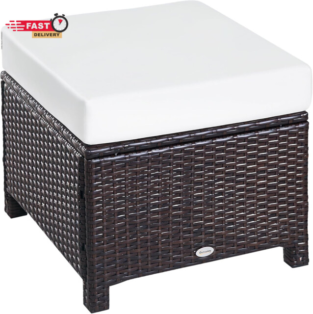 Outsunny Rattan Footstool Wicker Ottoman With Padded Seat Cushion