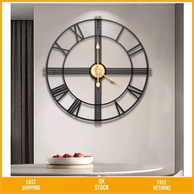 Elegant Skeleton Roman Numeral Metal Wall Clock Silent Round Decor