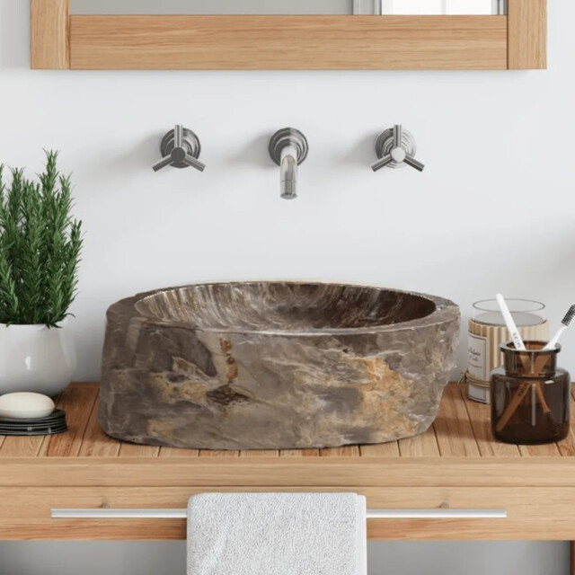 Bathroom Sink Cream Fossil Stone Handmade Basin 45x35x15 Cm Drain