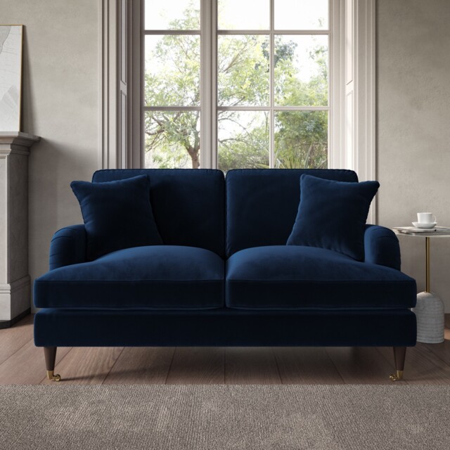 Navy Velvet Sofa 2 Seater With Ruched Saddle Arms Wood Gold Legs