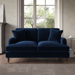 Navy Velvet Sofa 2 Seater With Ruched Saddle Arms Wood Gold Legs