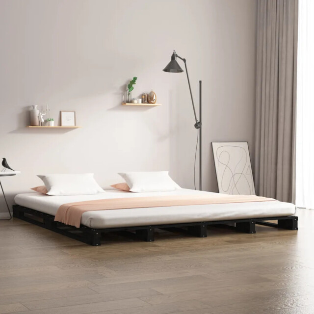 Bed Frame Black Solid Pine Wood 120x190cm Small Double Slatted Base