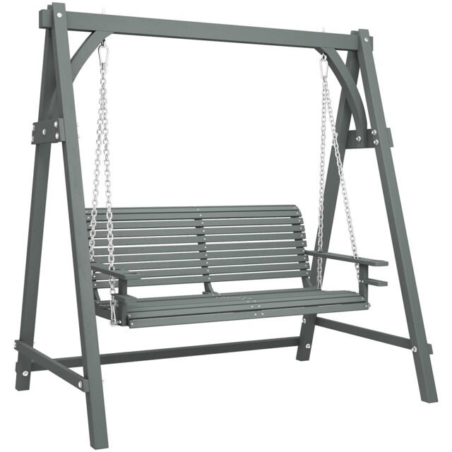 Outsunny 2 Seater Wooden Garden Swing Seat Hammock Bench Lounger, Grey