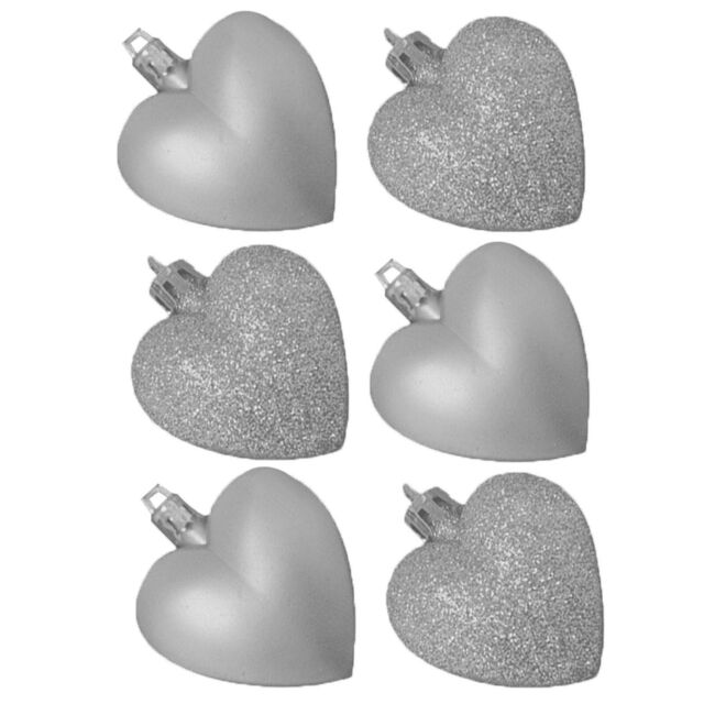 6 Pack 50mm Glitter / Plain Hearts Christmas Decoration - Silver