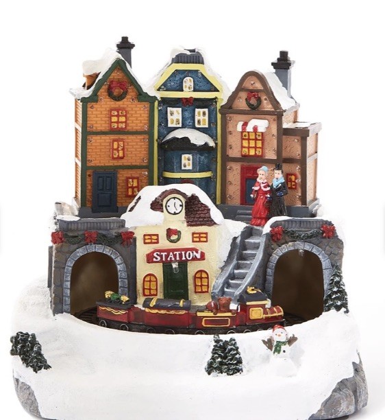 Christmas Village Scene Ornament Decoration With Led Lights Moving