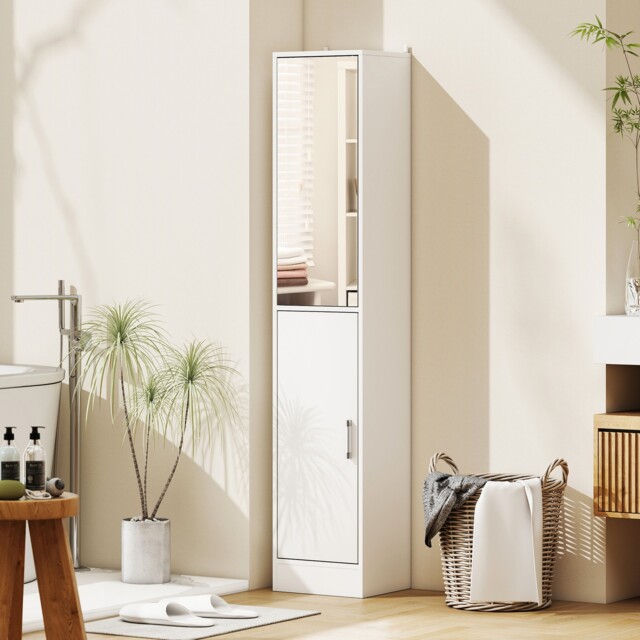 Tall Mirrored Bathroom Cabinet Bathroom Storage Cupboard, White