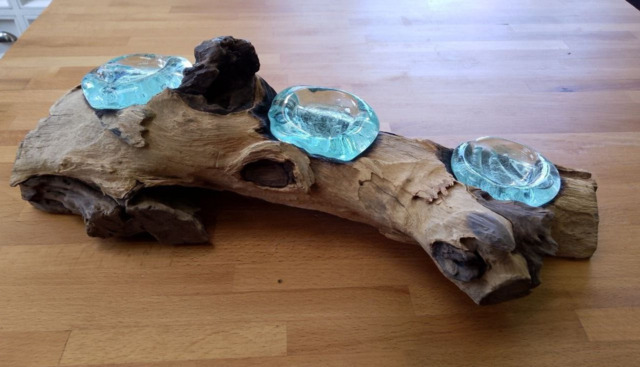 Bali Molten Glass Candle Holder On Wood Stand Melted Candles With Root