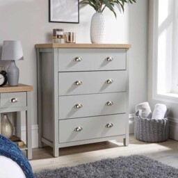 Grey 4 Drawer Chest Of Drawers With Thick 36mm Oak Effect Top Cup