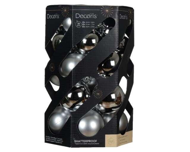 Shatterproof Mixed 30 Christmas Baubles - Silver- Various Sizes